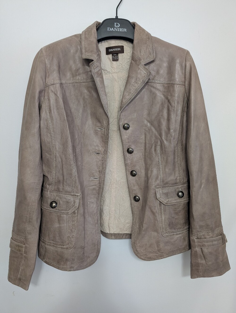 Vintage 90s Danier Leather Suit Jacket Tan Cream Button Preppy Coat Distressed